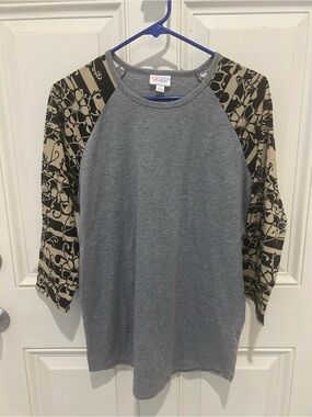 LuLaRoe Gray Tee with Black and Cream Floral Raglan Sleeves